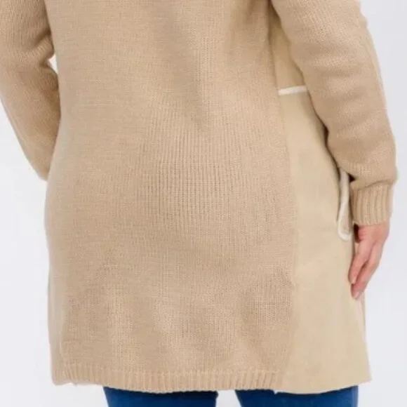 OnTwelfth Women’s Plus Size Open Front Faux Suede & Sherpa Lined Coat – Beige - Picture 12 of 12